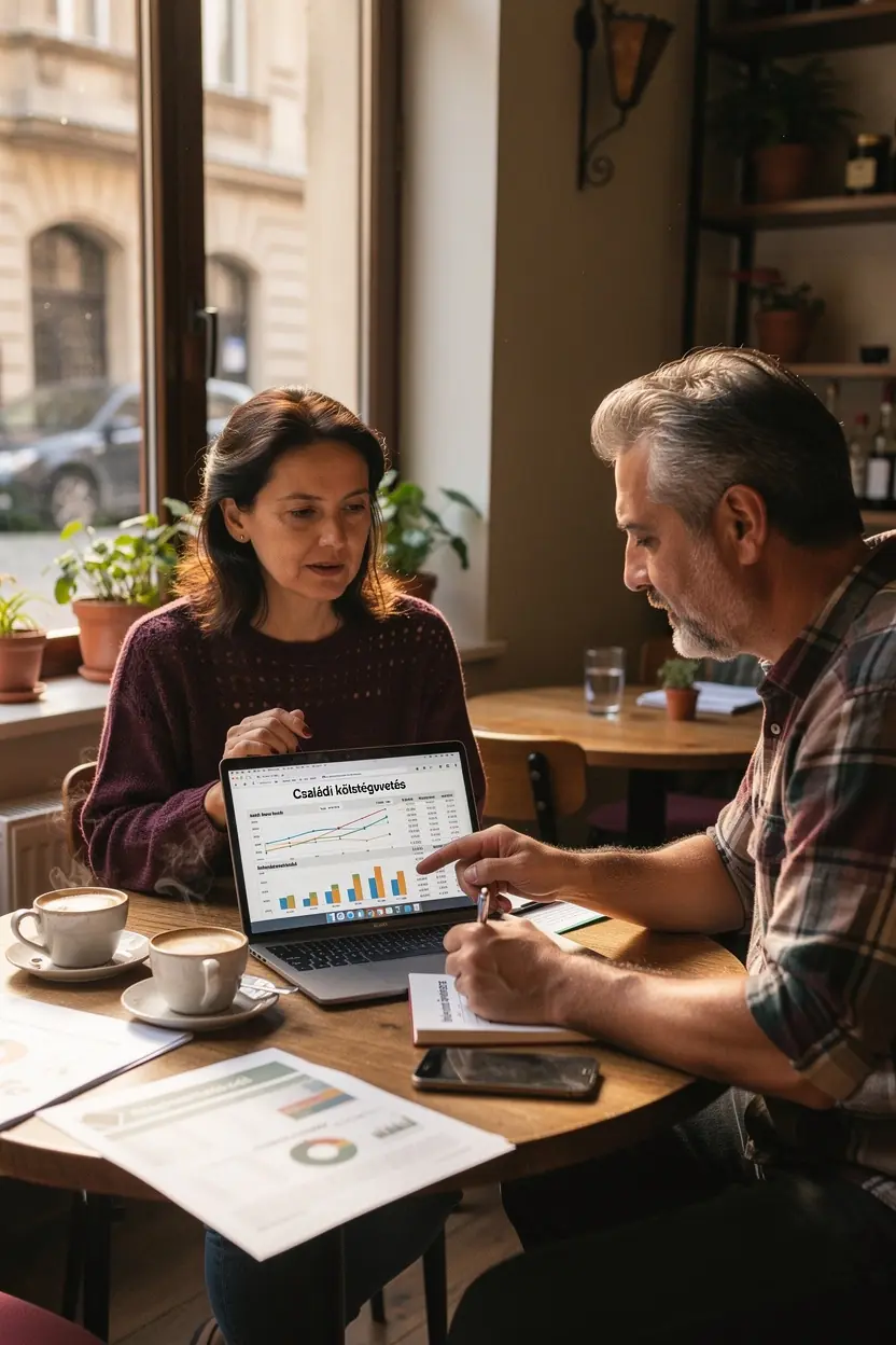 Családtagok közösen tervezik meg a havi költségvetést egy asztalnál ülve.